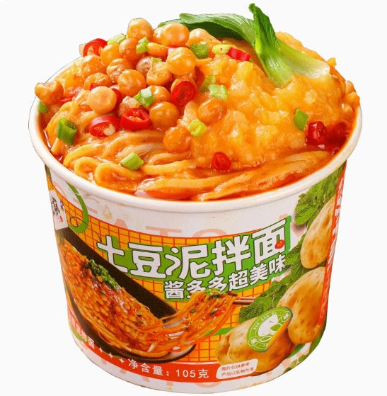 Mashed Potato Noodle Mix, Rich and Fragrant. A Tasty Chinese Snack, Ready-to-Eat. Perfect for Lunch, Dinner and Casual Snacking. 105g/Tub, Satisfy Your Cravings Anytime.班干部土豆泥拌面 105g/桶