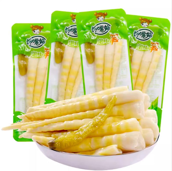 Pickled Bamboo Shoots with Chili, Crispy and Spicy. An Authentic Chinese Casual Snack, Ideal for Sharing with Family & Friends. Vegetarian-Friendly, 5.29oz (Pack of 4). 馋嘴妹泡椒笋尖