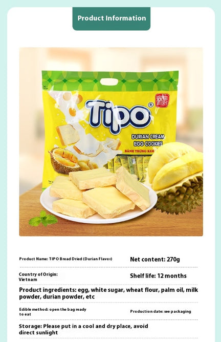 Dry bread, Durian flavor, Crisp and delicate, Fruity flavor, Independent packaging, Easy to carry, With hand gift, Casual snacks, Imported from Vietnam, 270g/9.52oz* bag