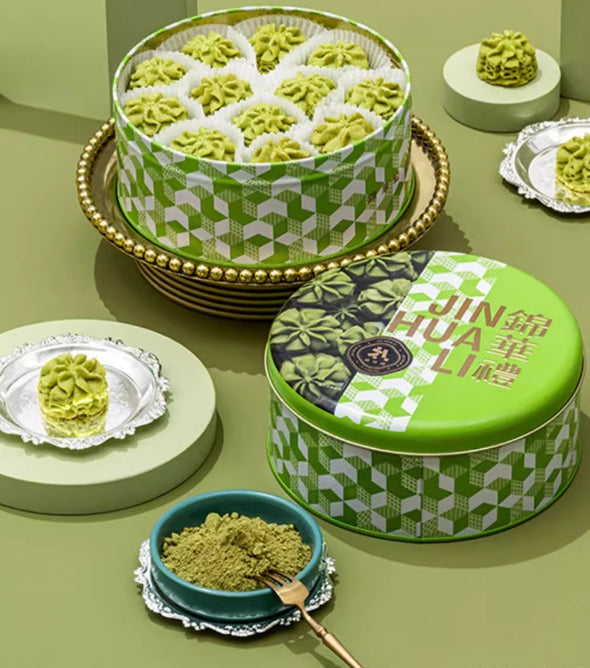 Butter Biscuits, Matcha Flavor. Melt-in-the-mouth, Soft, Crispy & Sweet. A Luxurious Feast for Taste Buds. Office & Leisure Snacks, 240g per Box.