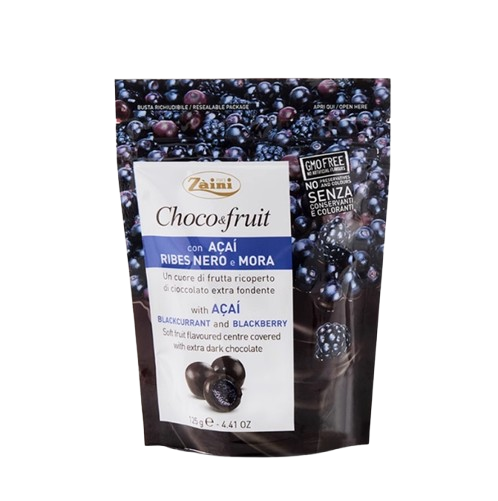 Italian Imported Blackberry & Blackcurrant Fruit-filled Dark Chocolate, with Pure Cocoa Butter. Part of Fruit Chocolate Series, Chocolate Beans. Ideal Leisure Snacks. 125g per Bag.