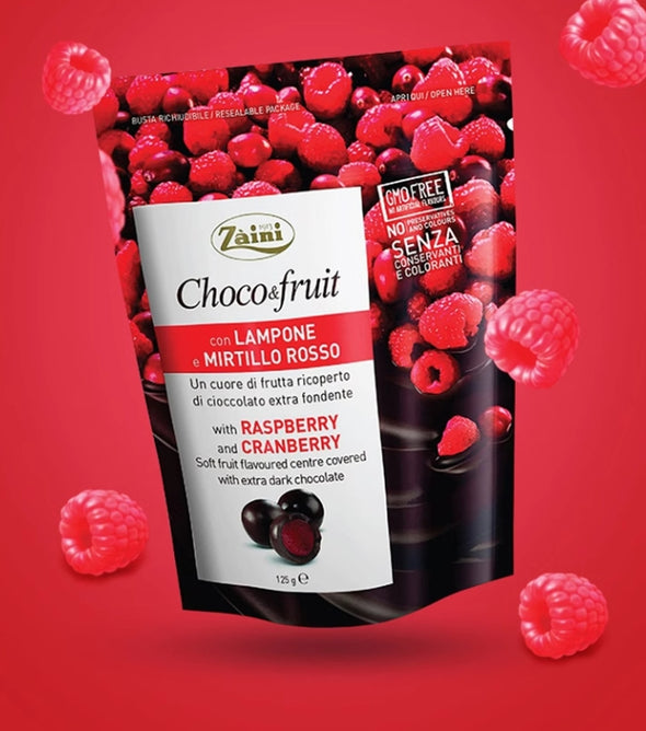 Italian Imported Zaini Raspberry & Cranberry Fruit-filled Dark Chocolate, Made with Pure Cocoa Butter. From Fruit Chocolate Series, Chocolate Beans. Perfect Leisure Snacks. 125g per Bag.