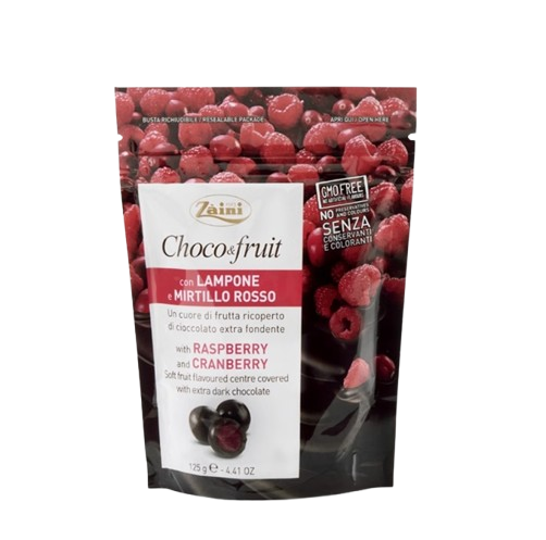 Italian Imported Zaini Raspberry & Cranberry Fruit-filled Dark Chocolate, Made with Pure Cocoa Butter. From Fruit Chocolate Series, Chocolate Beans. Perfect Leisure Snacks. 125g per Bag.