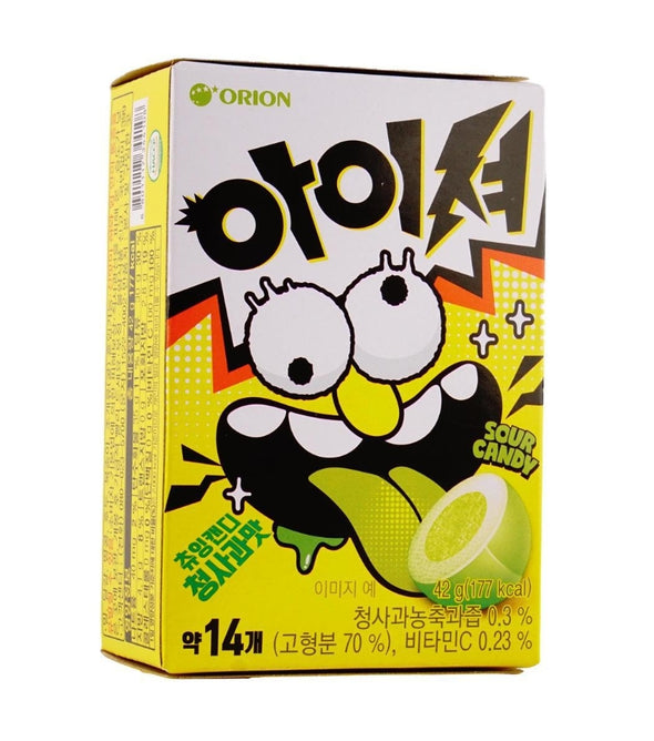 Korean - Imported Ultra - Sour Gummy with Soft Center, Green Apple Flavor. The chewy core offers an intense sour kick. Compact and easy to carry, this 42g/1.48oz*1 pack gummy is a fun and casual snack.
