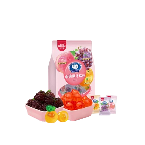 "Fruit - Filled Gummy Candies in Peach, Orange & Grape Flavors! Burst - in - the - mouth juice - filled centers, rich in pure fruit juice aroma. With fun shapes, these 228g/8.04oz*1 bag gummies are a must - have for casual snacking. "