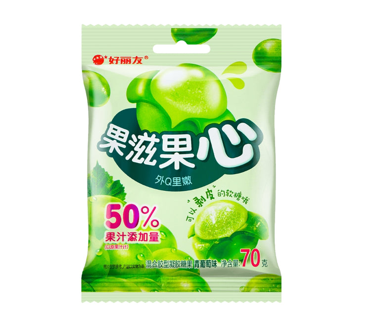 Green Grape - Flavored Gummy Candies: Fruit - filled center with a bouncy outer layer for a dual - texture treat. Intensely fruity, sweet yet not cloying. 70g/2.47oz*1 bag, ideal for casual snacking.