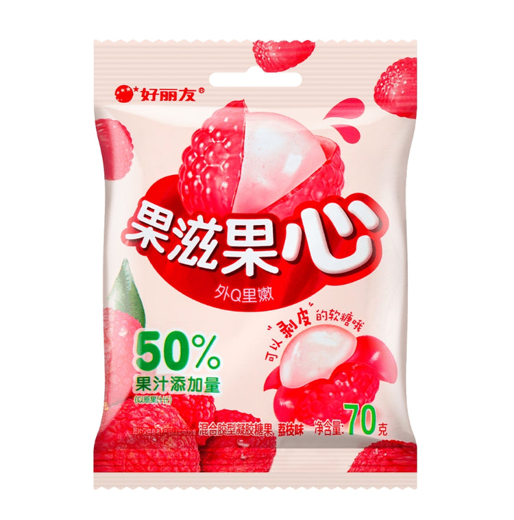 Litchi - Flavored Gummy Candies, 70g/2.47oz per bag. They have a juicy center and a bouncy exterior, creating a dual - texture sensation. The rich litchi aroma comes through, offering a sweet but not overly - sugary taste, perfect for casual snacking.
