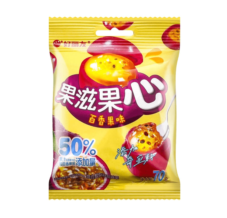Passion Fruit - Filled Gummy Candies, 70g/2.47oz*1 bag. Juicy filling paired with a bouncy outer layer for a double - textured bite. Bursting with intense passion fruit aroma, sweet yet not cloying, ideal for casual snacking.