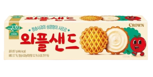 Imported from Korea Apple - Filled Waffles: Soft, Tasty with Moderate Sweetness. Strong Apple Aroma, Golden & Attractive. Delicate, Refreshing. 87g/Box
