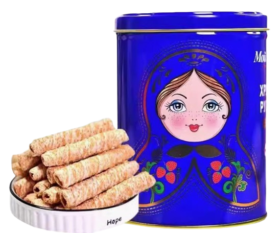 Russian-flavored coconut roll crispy biscuits, tin box cookies with an exotic flavor, perfect for festival gifts. 108g/1 can.